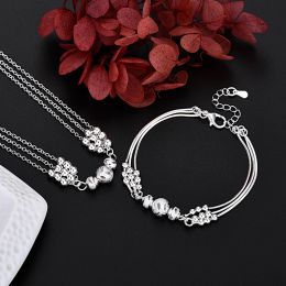 Fine Charm Beads 14K White Gold Necklace Bracelet Jewellery for Women Men Chain Set Wedding Gift