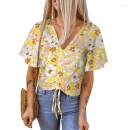 Women's Blouses Fashion Drawstring Floral Print Short Sleeve Blouse 2024 Summer Tops Women Loose Clothes Casual V-neck Shirt Blusas 26697