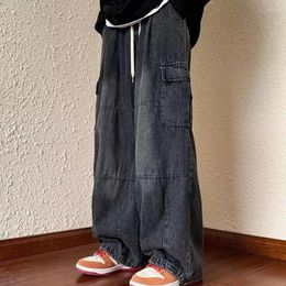 Men's Pants Drawstring Baggy Denim Cargo With Elastic Waist Multiple Pockets Wide Leg Trousers For Men Solid Colour Streetwear