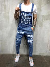 Men's Jeans Fashion Spring Letters Printed Jumpsuits Distressed Holes Denim Bib Suspender Pants