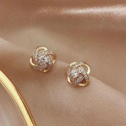 Stud Earrings Hollow Small Flower Zircon For Women Korean Fashion Gold Color Metal Twist Luxury Bride Wedding