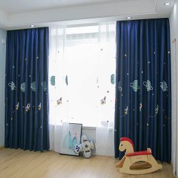 Curtains Cartoon Spaceship Embroidered Curtain Blackout Outer Space Boys Children Kindergarten Classroom Bedroom Window Drapes JS02C