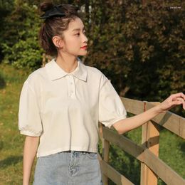 Women's T Shirts Women Summer Casual Cropped Tops 2024 Korean Cute Turn-down Collar Puff Short Sleeved T-shirts Female Chic Tees Streetwear