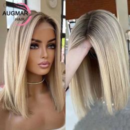 Synthetic Wigs Synthetic Wigs Short Ash Blonde Lace Frontal Wig Brown Highlight Wig Hair 13x4 Straight Wig Lace Front Hair Wigs For Women ldd240313