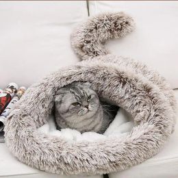 Mats Winter Long Plush Pet Cat Bed Round Cat Cushion Cat House 2 In 1 Warm Cat Basket Cat Sleep Bag Cat Nest Kennel For Small Dog Cat