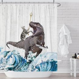 Curtains Funny Cat Shower Curtain Cool Dinosaur Dino Japanese Sea Ocean Wave for Kids Children Boys Rustic Wooden Farmhouse Bath Curtains