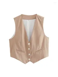 Women's Vests Aoaiiys V Neck Vest For Women Cropped Waistcoat Buttons Tops Vintage Patchwork Sleeveless Outerwear Chic 2024 Fashion