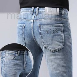 Men's Jeans Designer Jeans Mens Light Blue Slim Fit Small Feet High end Spring Thin Long Pants 8F3C