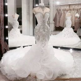 Size Plus Arabic Aso Ebi Luxurious Beaded Crystals High Mermaid Bridal Dresses Sheer Neck Wedding Gowns
