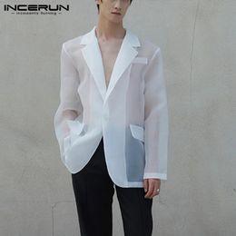 Fashion Men Mesh Blazers Transparent Lapel Long Sleeve Sexy Casual Coats One Button Streetwear Party Men Suit S-5XL INCERUN240313