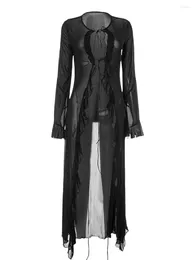 Women's Knits Women Mesh Long Cardigan Dress See Through Flare Tie Up Ruffles Cover Es Sexy Party Beach Clubwear Black