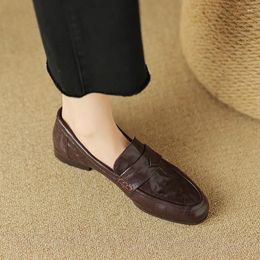 Casual Shoes Spring Loafers Real Leather Cowhide Women Flat RoundToe Woman Quality Slip-On Vintage Lady Walk