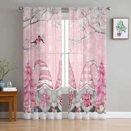 Curtains Christmas Snow Scene Snowflakes Gnome Pink Yarn Curtain Window Tulle Curtains For Living Room Kitchen Sheer Voile Curtains