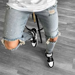 Men's Jeans Men Jeans Knee Hole Ripped Stretch Skinny Denim Pants Solid Colour Black Blue Autumn Summer Hip-Hop Style Slim Fit Trousers 2022 LST230831 L240313