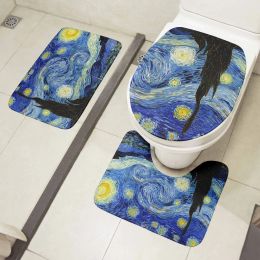 Mats Toilet Mat Set 3D Van Gogh Oil Painting Sunflower Starry Night Floor Rugs Bathroom Shower Flannel NonSlip Carpet Toilet Cushion
