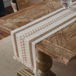 Pads Table Runner Burlap Cotton Linen Stripe Splicing Twocolor Woven Tassel Natural TV Cabinet Dining Table Runner Home Decoration