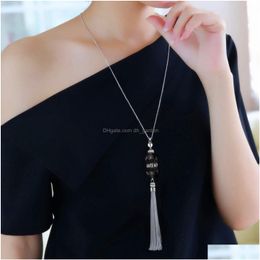 Pendant Necklaces Korean Crystal Long Necklace Women Sweater Chain Fashion New Rhinestone Beads Alloy Tassel Bijoux Shiny Blue Party J Dhxt5