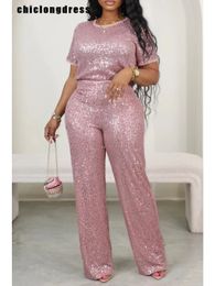 Autumn Casual Sequin Two Piece Set for Womeb Fashion Solid Short Sleeved Tshirt Wide Leg Pants Sequin Two Piece Set Women 240311