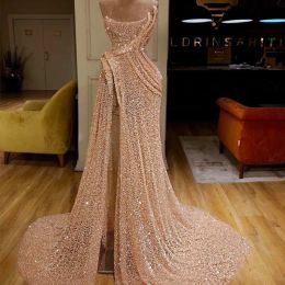 Arabic Sparkly Bling Blush Pink Sequin Split Prom Dresses Sweetheart Neck Evening Party Gowns Customized