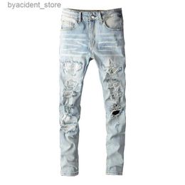 Men's Jeans Men Crystal Holes Ripped Patchwork Jeans Streetwear Light Blue Denim Slim Skinny Pencil Pants Trousers L240313
