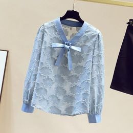 Women's Blouses 2024 Early Autumn V Neck Bow Tie Blouse Long Sleeve Women Loose Flowers Elegant Shirt Ladies Casual Mulberry Silk Tops 28553