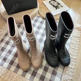 Channe New Women's Low Heel Boots Luxury Designer Classic Interlocking letters Burgundy lined Black knee boot Thick Martin c soles non-slip women's rain boots