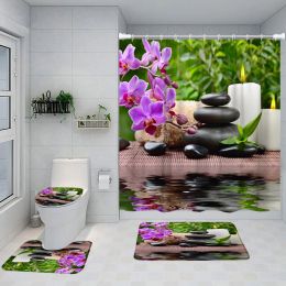 Curtains Zen Shower Curtain Set Purple Orchid Black Stone Green Bamboo Garden Scenery Bathroom Decor NonSlip Rug Bath Mats Toilet Cover