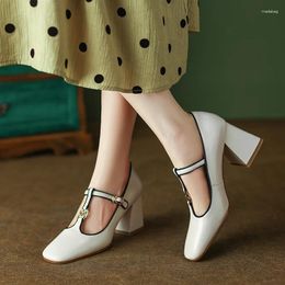 Dress Shoes 2024 Spring Women Pumps Natural Leather 22-24.5cm Cowhide Pigskin Full Square Toe Mary Jane T--tied Thick Heels