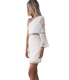 2019 New Women White Lace Dress Sexy One Shoulder Flare Sleeve Crochet Lace Bodycon Dress Hollow Out Clubwear Mini Party1648290
