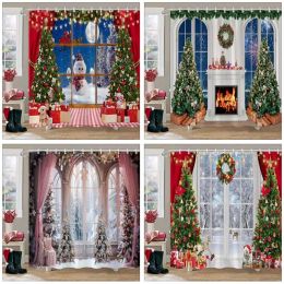 Curtains Christmas Party Shower Curtains Fireplace Christmas Tree and Gifts Snowman Snow Scene Washable Shower Curtain Art Bathroom Decor