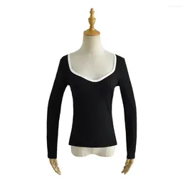 Women's T Shirts Vintage Clothes White Crop Top Sexy Long Sleeve Square Neck Black Tops Women 2024 Fashion Slim Shirt Colour Block Cute