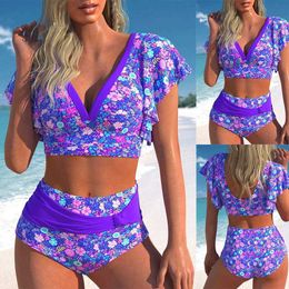 Swim wear Summer Ladies Purple Floral Vest and Shorts Two Piece Swimsuit with Small Flying Sleeves and Sexy Beach Set S-5XL aquatic sports 240311