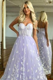 Stunning Lilac Prom Dresses With White Butterfly Appliques Sexy A Line Sweetheart Backless Tulle Long Evening Party Gowns BC18365