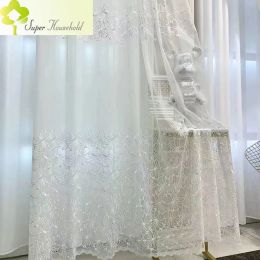 Curtains Luxury White Embroidery Flower Screen Sheer Curtains for Bedroom Living Room European Tulle for Window Voile Door Drapes Blinds