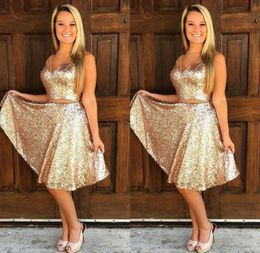 Sexy Rose Gold Sequin Short Prom Dresses V Neck Two Piece Formal Cocktail Party Dresses Cheap Glitter Evening Gowns Knee Length ho5948835