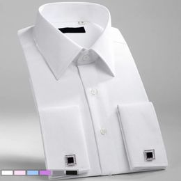 M6XL Mens French Cuff Dress Shirt White Long Sleeve Formal Business Buttons Male Shirts Regular Fit Cufflinks 240307