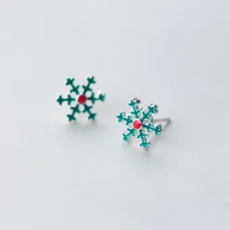 Stud Earrings MloveAcc Novelty Green Enamel Snowflake Earring For Women Child 925 Sterling Silver Small Christmas Gift