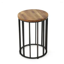 Camp Furniture Outdoor Acacia Wood 15" Accent Table With Antique Finished Iron Accents Natural Finish 15.25 X 21.70 Inches
