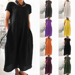 Casual Dresses Ladies Summer Loose Dress With Pockets Solid Color Short Sleeve Long Women O Neck Comfortable Cotton Linen