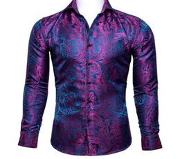 Men039s Dress Shirts BarryWang Luxury Rose Red Paisley Silk Men Long Sleeve Casual Flower For Designer Fit Shirt BCY00297585927
