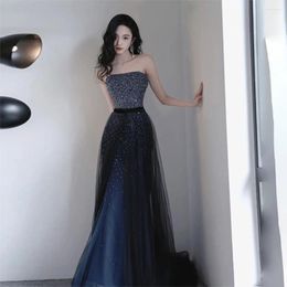 Runway Dresses Navy Blue Celebrity Strapless Sequins Glitter Sleeveless Woman Floor Length Elegant Formal Occasion Prom Party Gowns