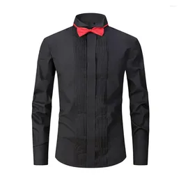 Men's T Shirts Men Long Sleeve Shirt Elegant Stand Collar Business With Bow Tie For Formal Events Solid Color Office