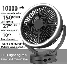 Electric Fans Mini portable electric fan with 10000mAh battery USB charging camping ceiling clamp LED desk lamp and air-cooled ventilationH240313