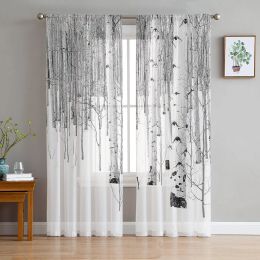 Curtains White Aspen Trees In Snow Tulle Window Curtains Living Room Organza Yarn Sheer Voile Curtain Bedroom Kitchen Home Decor Drape