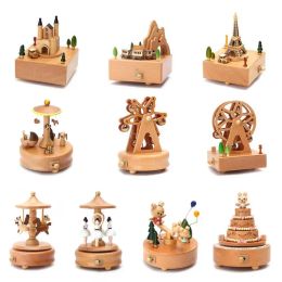 Stickers Carousel Musical Box Wooden Music Box Wood Crafts Retro Birthday Gift Vintage Home Decoration Accessories Birthday Xmas Gift