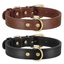 Leashes Durable Leather Dog Collar Real Leather Dog Collars Adjustable For Medium Large Dogs German Shepherd Training Hunting Brown