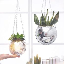 Baskets Mirror Reflector Garden Pots Planters Disco Ball Outdoor Flower Pots Rope Mirror Hanging Basket Wall Home Room Garden Vase