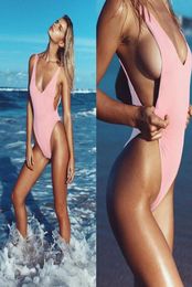 2018 Women Swimwear Sexy High Cut One Piece Swimsuit Backless Swim Suit Black White Red thong Bathing Suit Solid Female Monokini A8804335