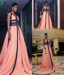 Two Colours Chiffon Evening Gowns Spaghetti v Neck South African Simple Prom Dresses A Line Sweep Train Cheap Formal Party Dress5061580