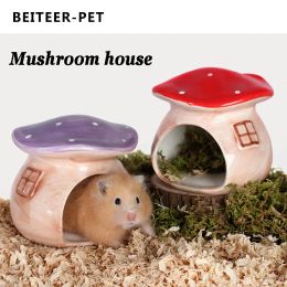 Cages Cute Mushroom Shape Ceramics Hamster Cage Small Animal House Nest Hedgehog Mini Animal Bed Guinea Pig Hamster Accessories